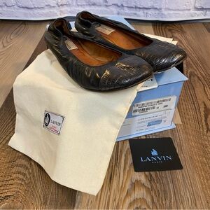 Lanvin Lizard Embossed Cap Toe Soft Leather Ballet Flats Black Size 38 US 7